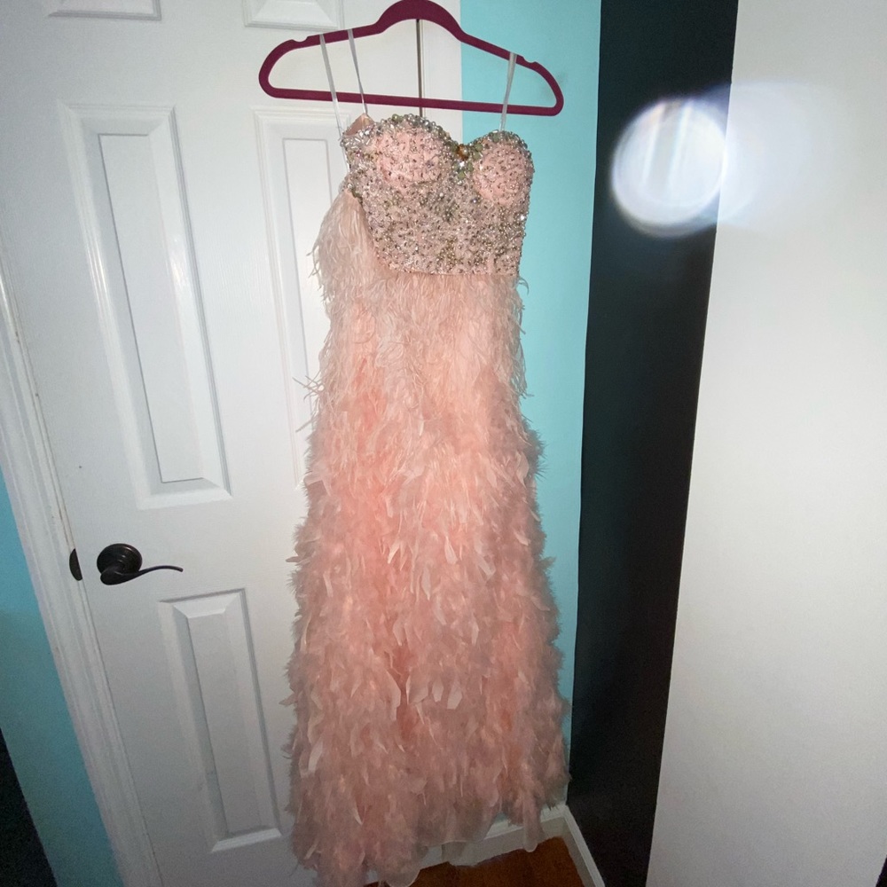 Mac Duggal pink 2 piece beaded sweetheart & feathered dress